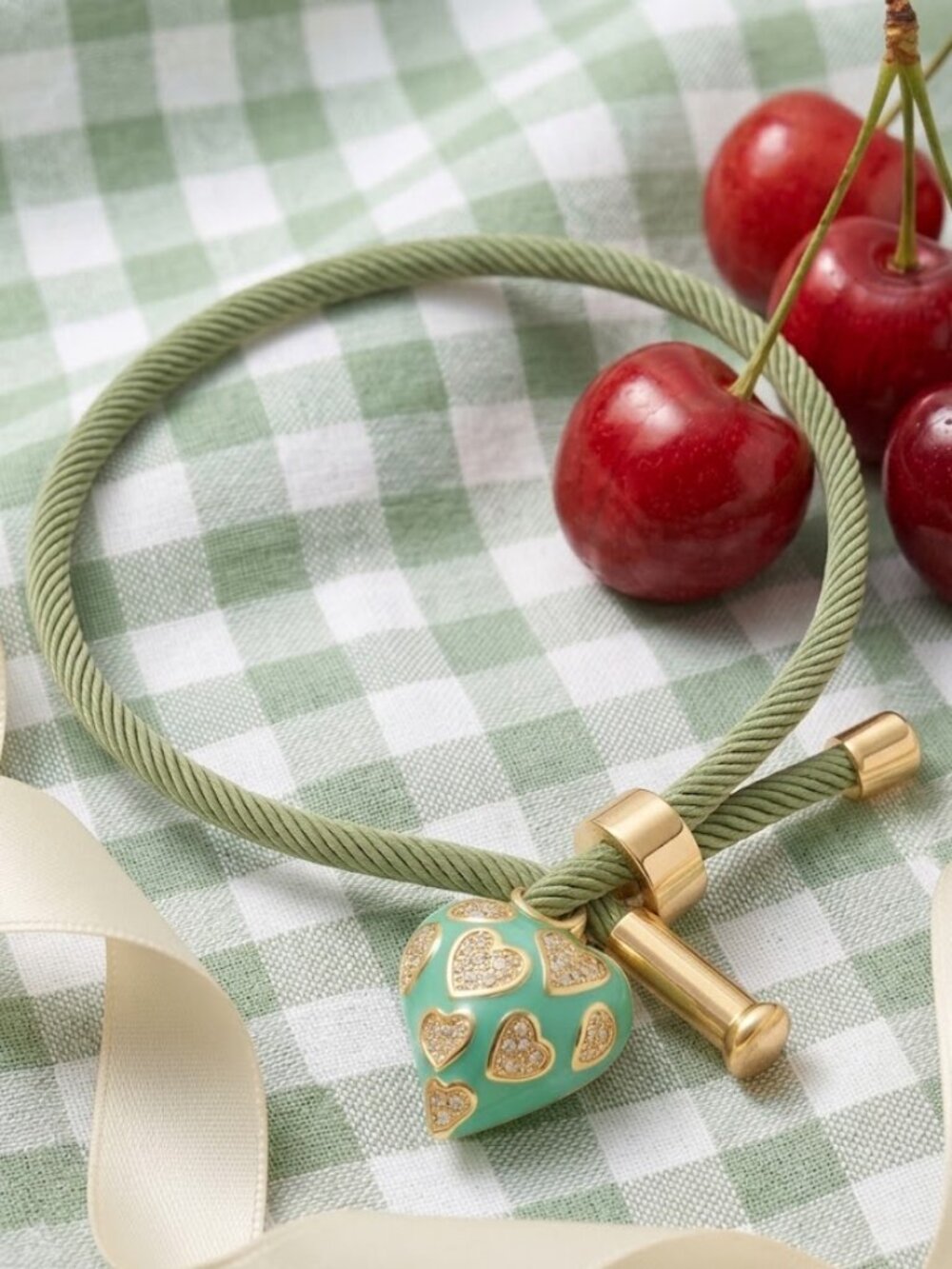 Enamel Candy Heart Charm Bracelet 18K Gold Sage Green Cord Adjustable Coquette